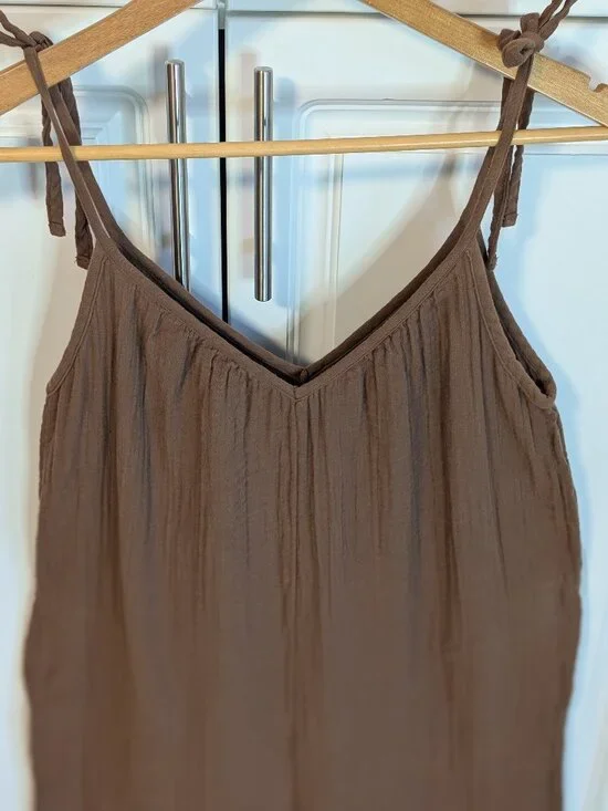 Old Navy Crinkle Gauze Tie Shoulder Jumpsuit Romper Brown Relaxed Wide Leg Boho - Picture 4 of 12
